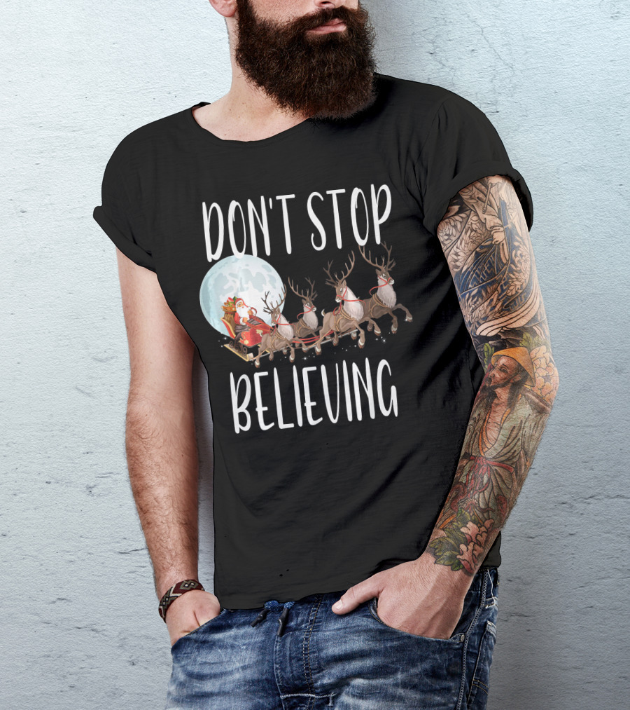Don't Stop Believing Santa Sleigh Moon Reindeer T-Shirt