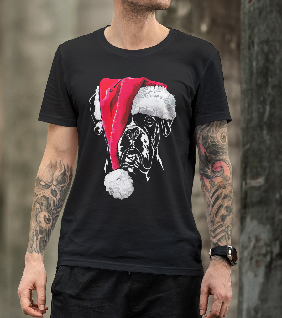 Funny Boxer Dog With Santa Hat Christmas T-Shirt