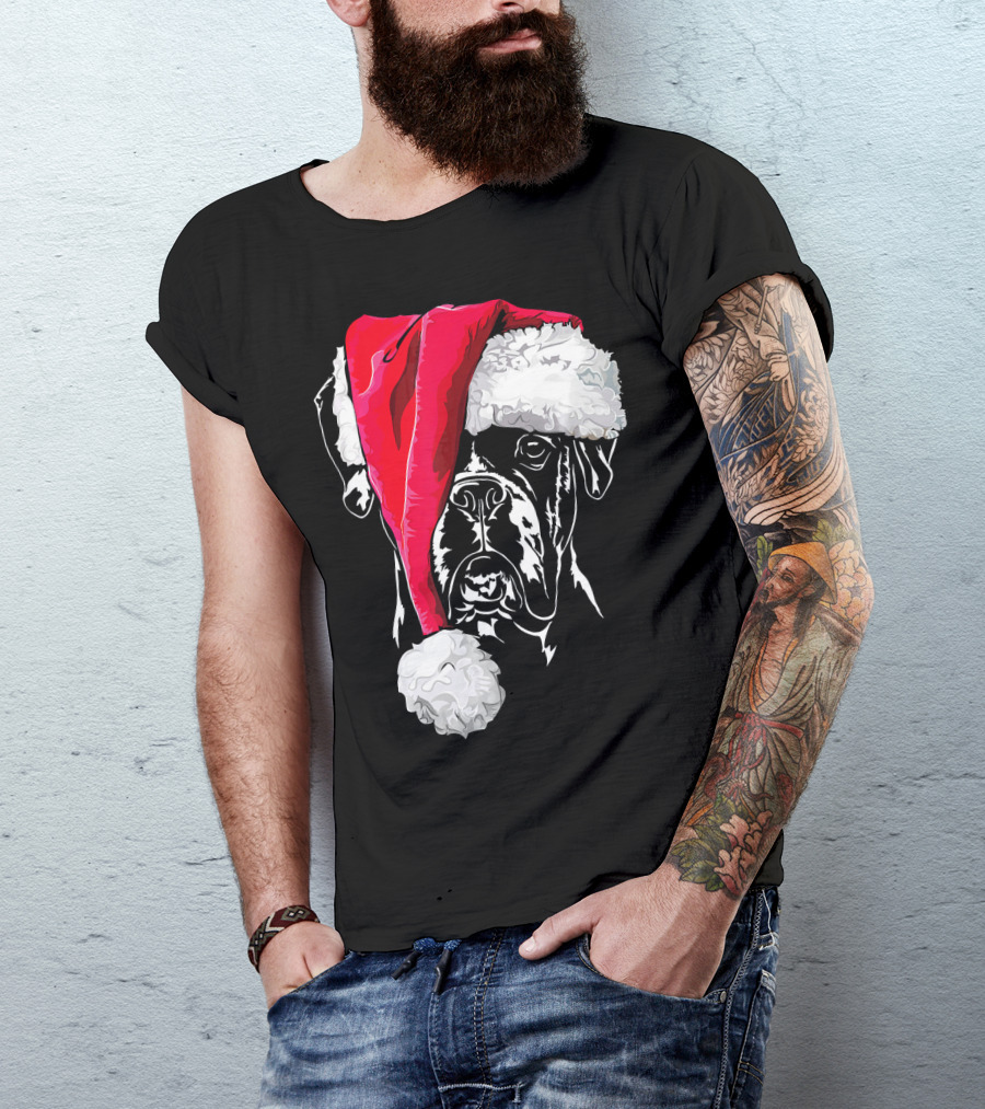 Funny Boxer Dog With Santa Hat Christmas T-Shirt