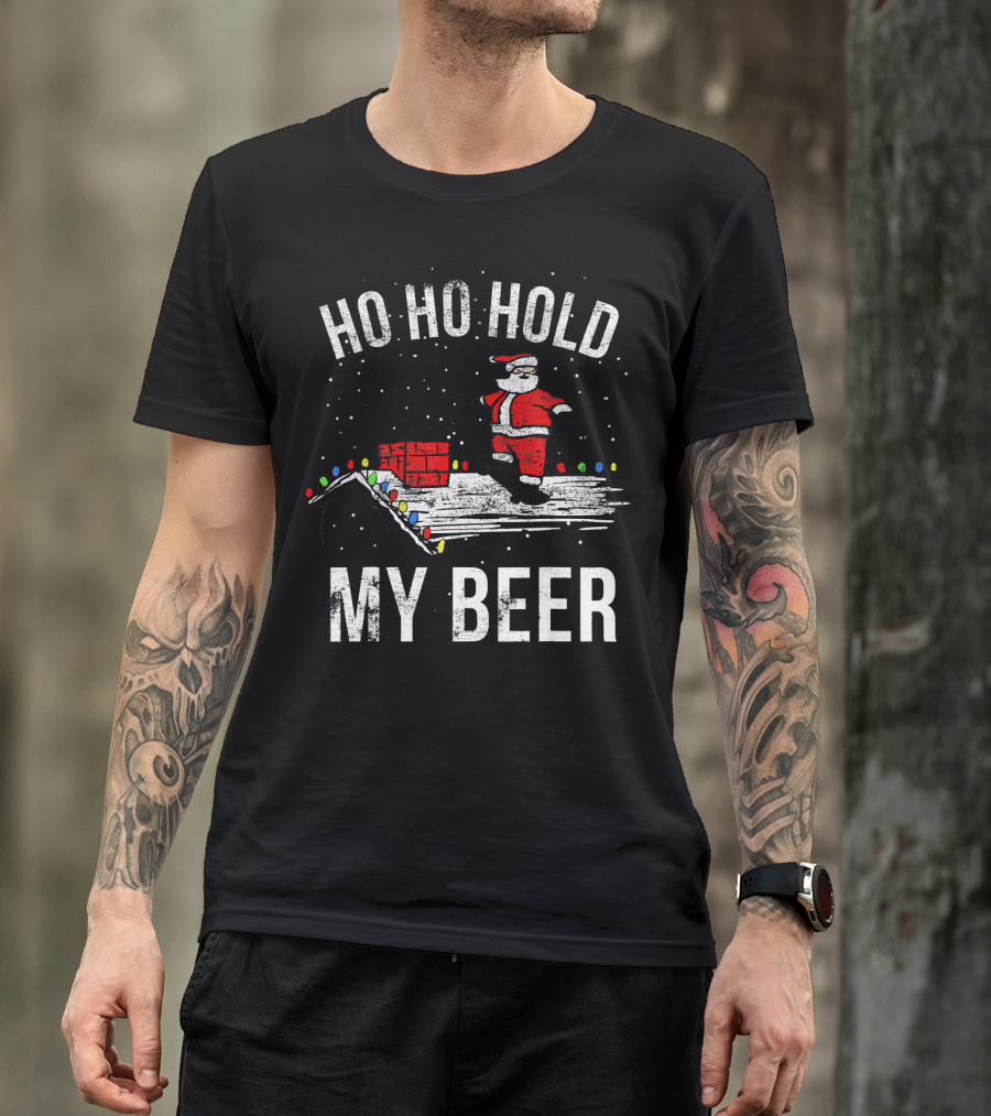 Ho Ho Hold My Beer Santa Skateboarding On Roof With Lights T-Shirt