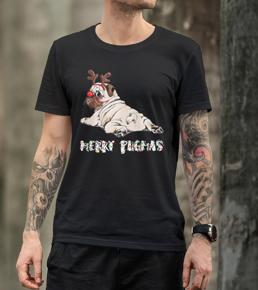 Merry Pugmas Christmas Reindeer Pug With Festive Lights For Dog Love T-Shirt
