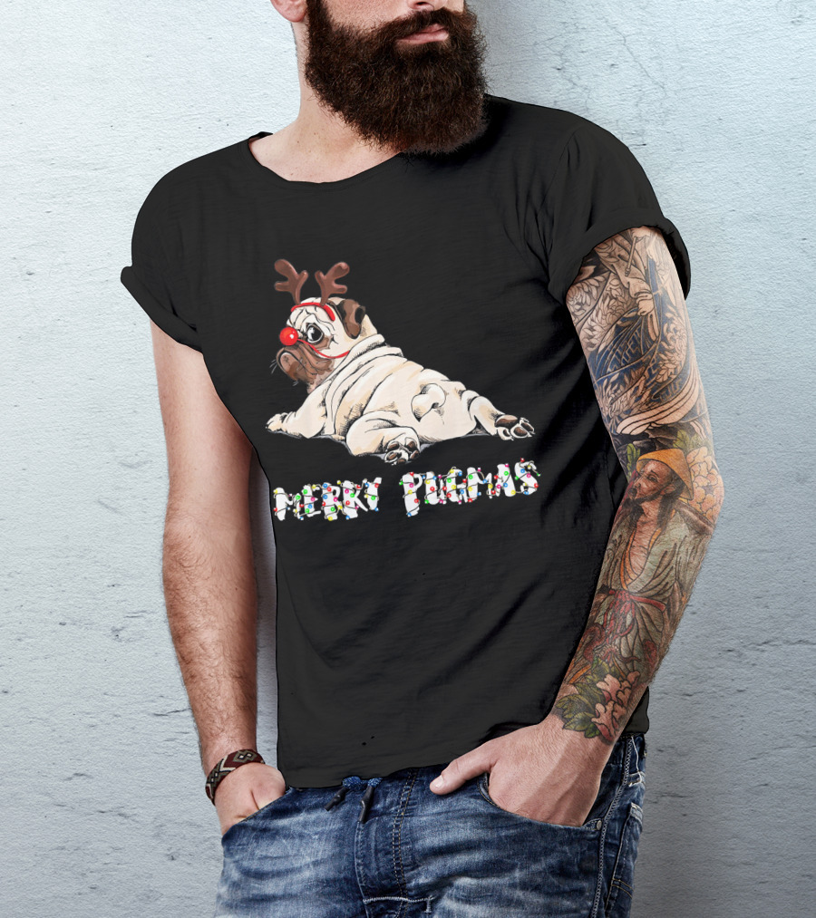 Merry Pugmas Christmas Reindeer Pug With Festive Lights For Dog Love T-Shirt