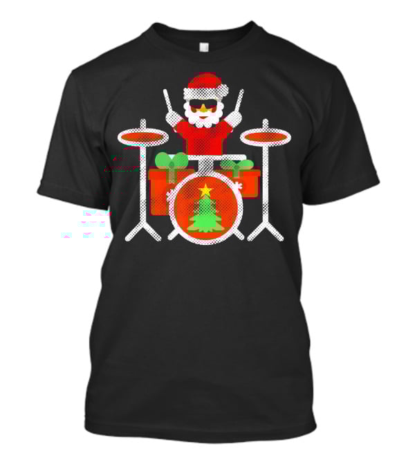 Funny Drummer Santa Christmas Drum Set With Gifts And Tree T-Shirt