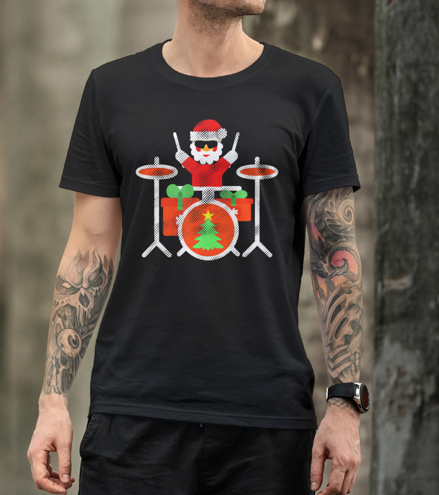 Funny Drummer Santa Christmas Drum Set With Gifts And Tree T-Shirt
