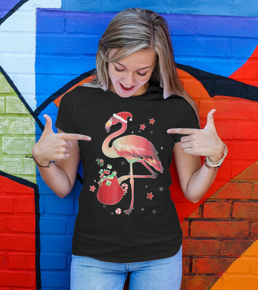 Ugly Christmas Funny Pink Flamingo With Santa Hat And Holiday Gift Bag T-Shirt