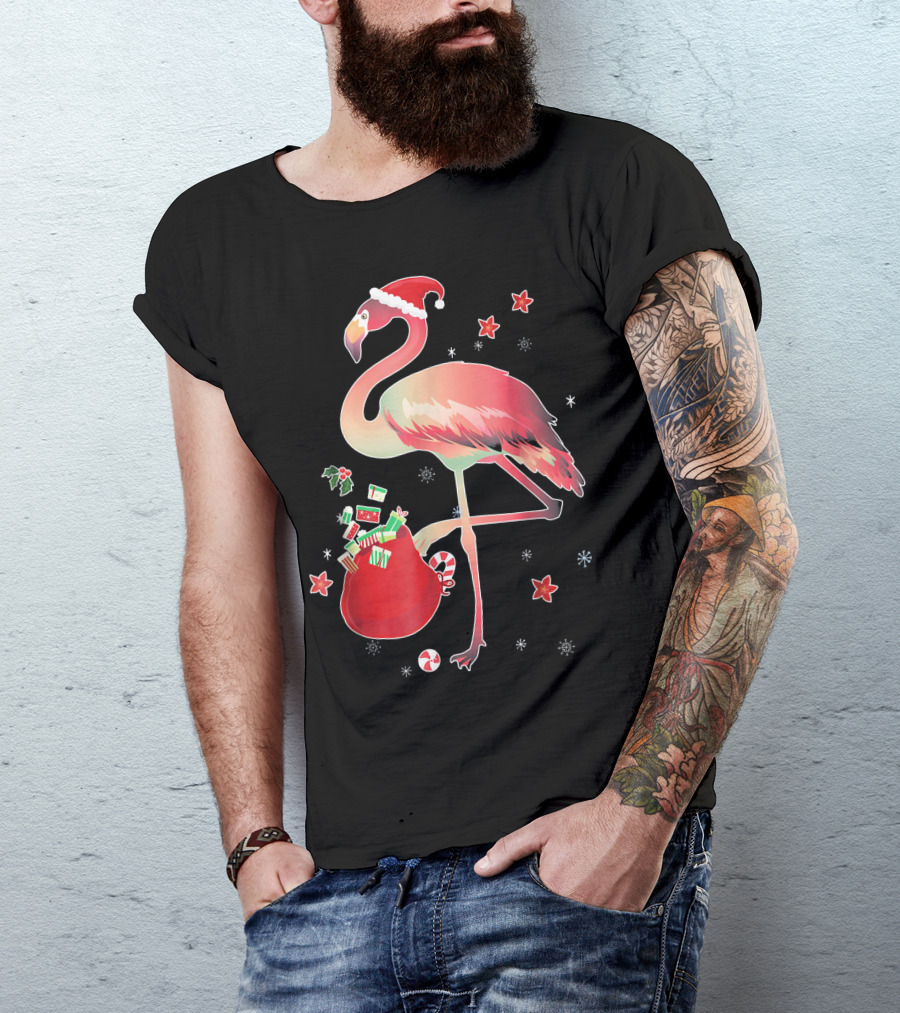 Ugly Christmas Funny Pink Flamingo With Santa Hat And Holiday Gift Bag T-Shirt
