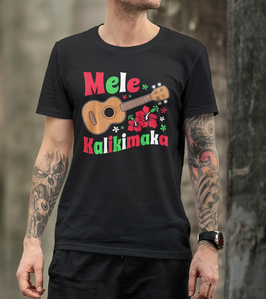 Mele Kalikimaka Ukulele Hibiscus Hawai Christmas T-Shirt