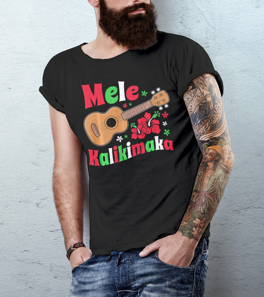 Mele Kalikimaka Ukulele Hibiscus Hawai Christmas T-Shirt