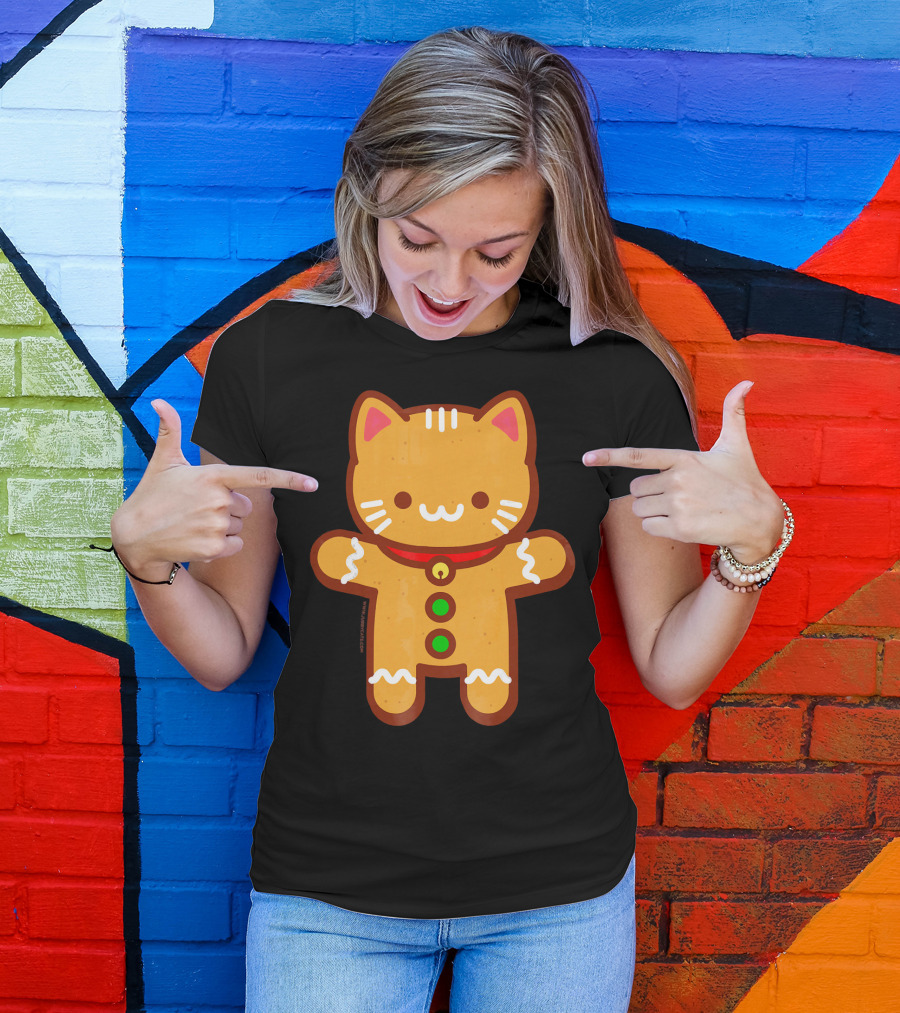 Cute Gingerbread Cat With Whiskers And Red Collar T-Shirt