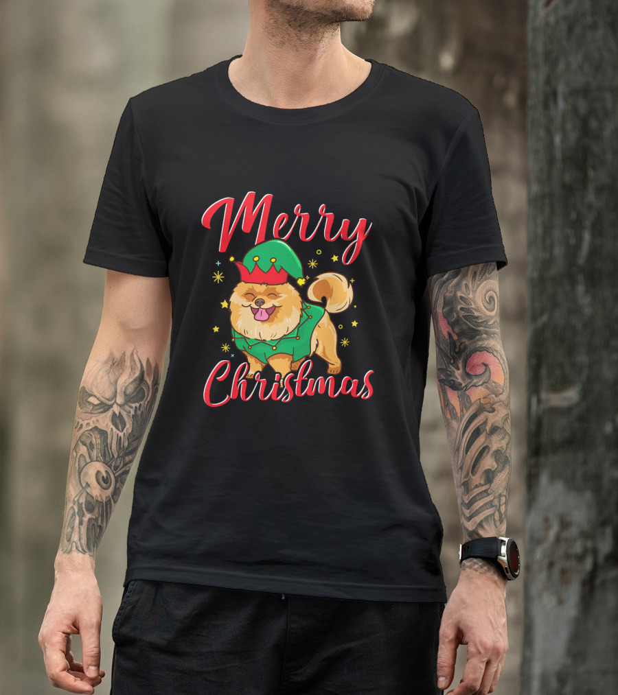 Merry Christmas Funny Cute Pomeranian Elf T-Shirt