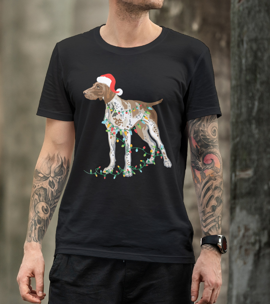 German Shorthaired Pointer Wearing Santa Hat With Christmas Lights Entwined T-Shirt