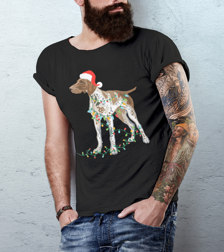 German Shorthaired Pointer Wearing Santa Hat With Christmas Lights Entwined T-Shirt