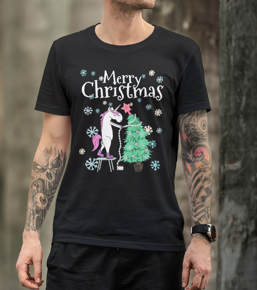 Merry Christmas Funny Unicorn Decorating Christmas Tree T-Shirt