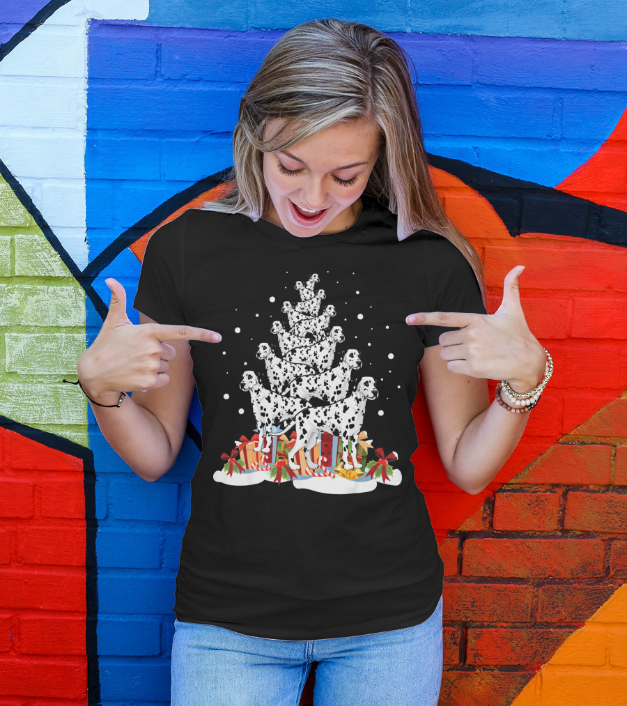 Dalmatian Merry Christmas Tree With Gifts And Snowflakes T-Shirt