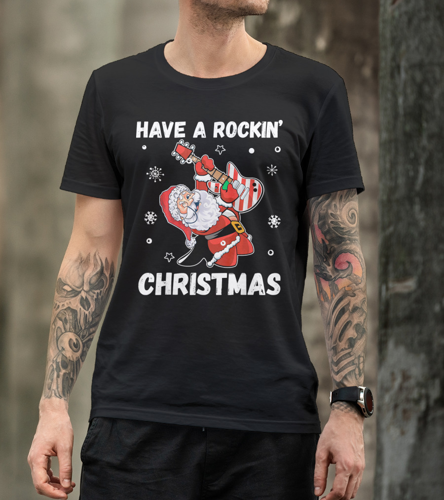 Have A Rockin' Christmas Guitarist Santa With Festive Snowflakes And Stars T-Shirt