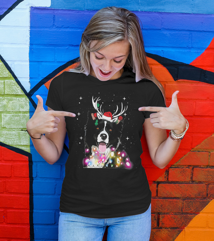 Border Collie In Santa Hat With Reindeer Antlers And Christmas Lights T-Shirt