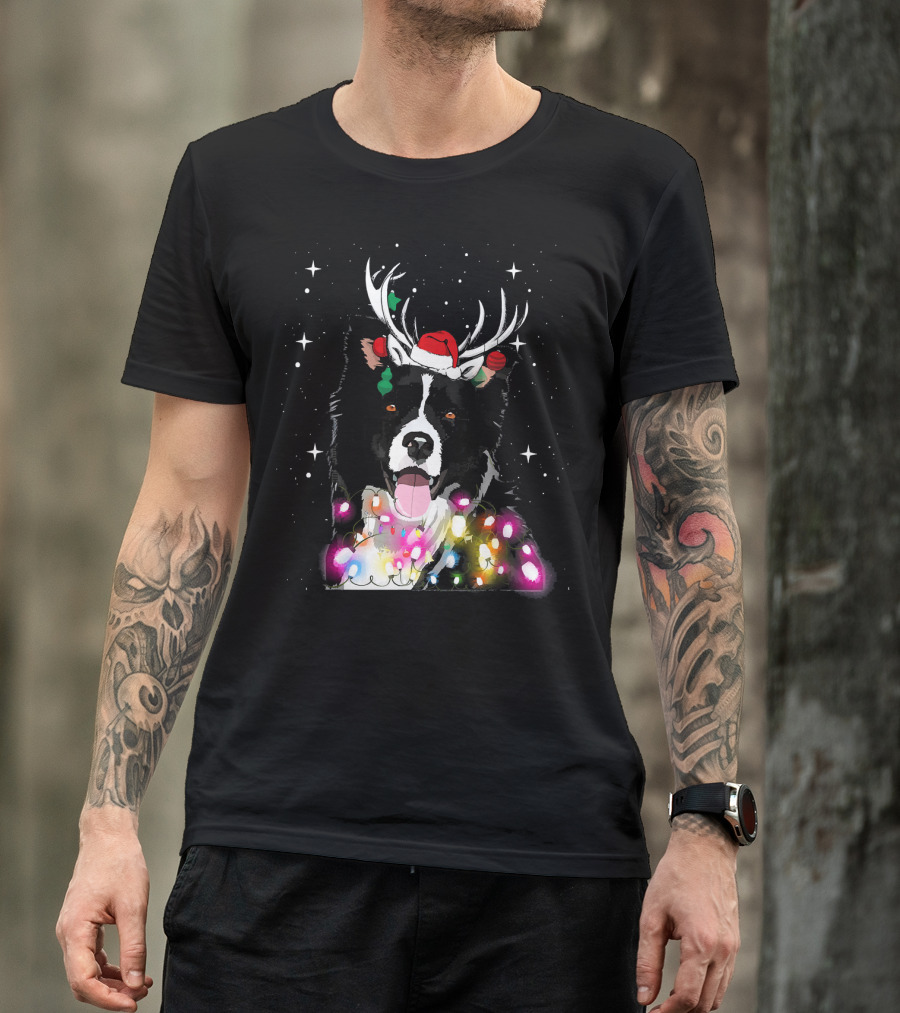 Border Collie In Santa Hat With Reindeer Antlers And Christmas Lights T-Shirt