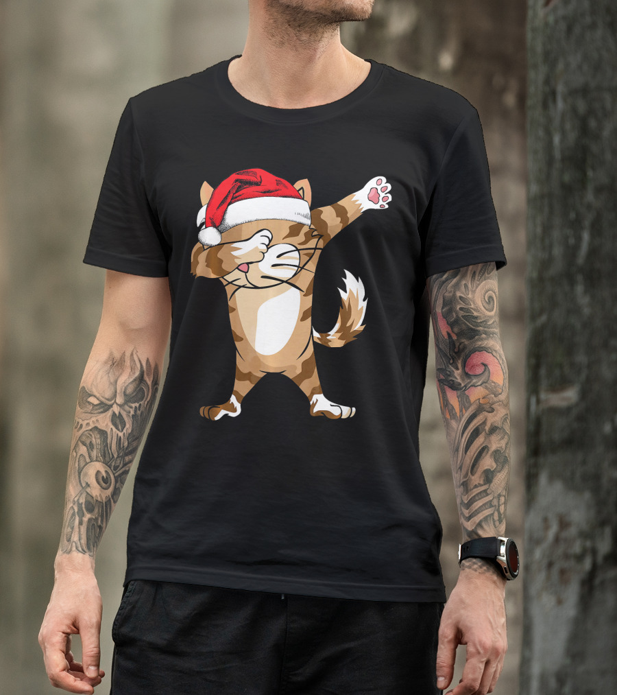 Santa Hat Dabbing Cat Christmas Holiday Fun T-Shirt