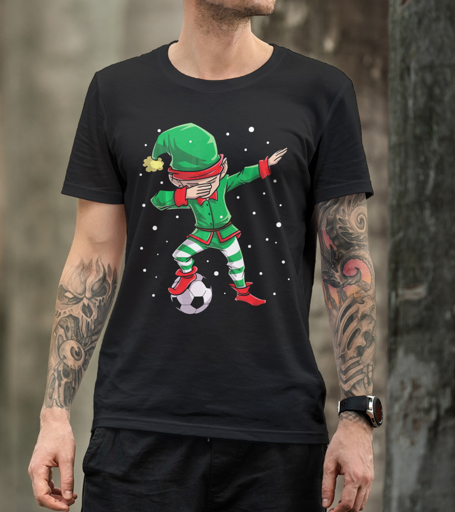 Christmas Soccer Dabbing Elf Kicking Ball In Snowy Scene T-Shirt