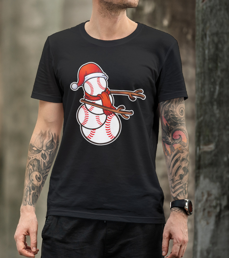 Santa Hat Snowman Made Of Baseballs Flossing T-Shirt