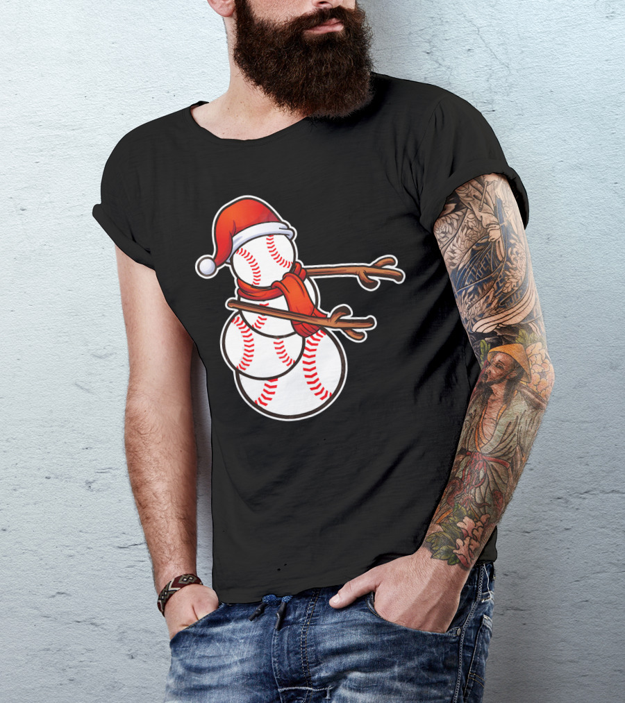 Santa Hat Snowman Made Of Baseballs Flossing T-Shirt