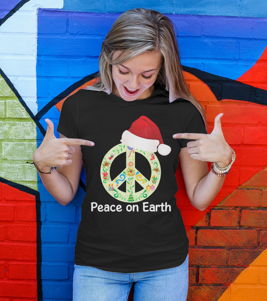 Peace On Earth Santa Hat Christmas Peace Sign T-Shirt