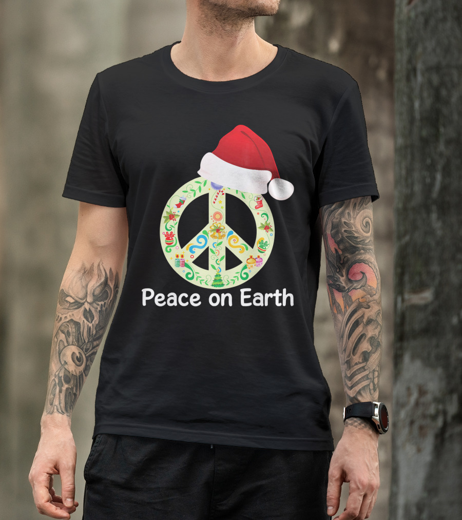 Peace On Earth Santa Hat Christmas Peace Sign T-Shirt