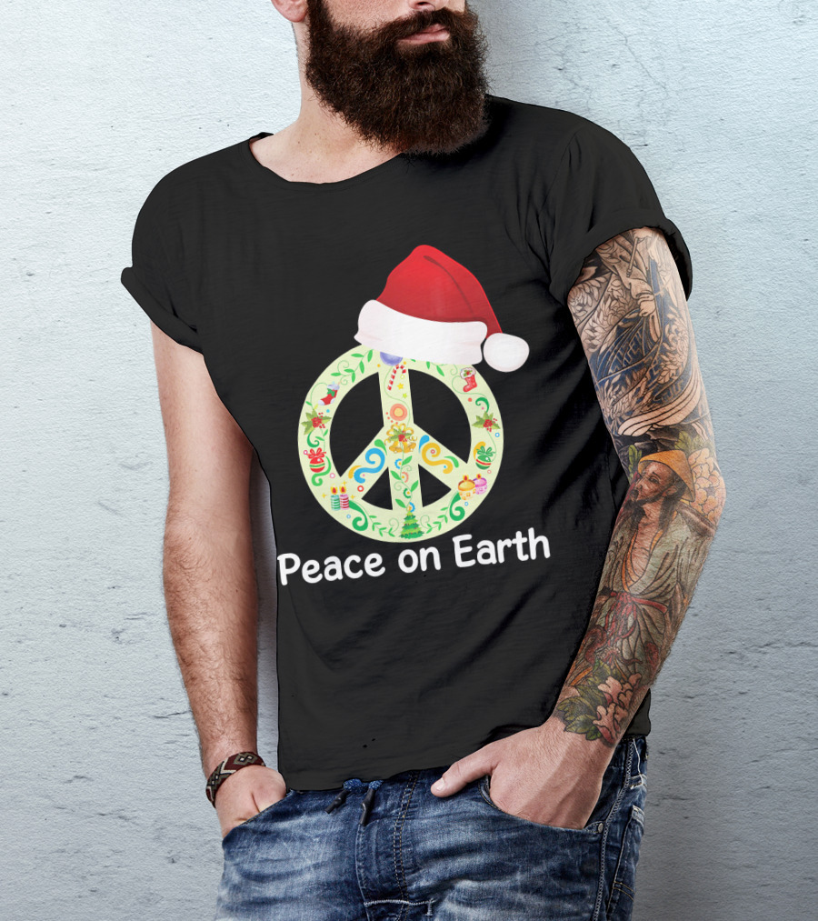 Peace On Earth Santa Hat Christmas Peace Sign T-Shirt