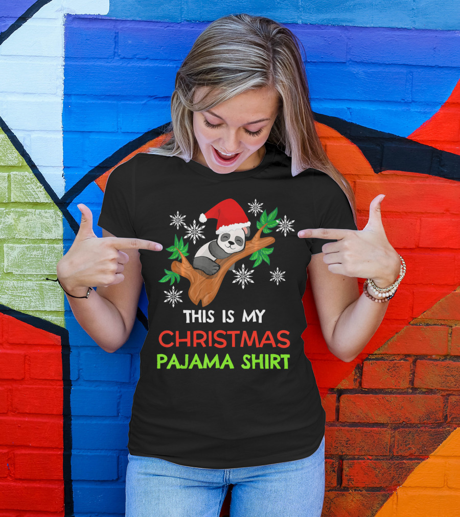 THIS IS MY CHRISTMAS PAJAMA SHIRT PANDA SANTA HAT SNOWFLAKES T-Shirt