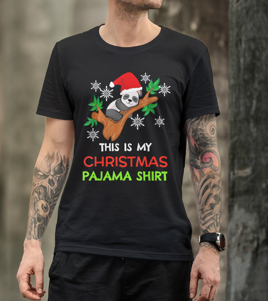 THIS IS MY CHRISTMAS PAJAMA SHIRT PANDA SANTA HAT SNOWFLAKES T-Shirt