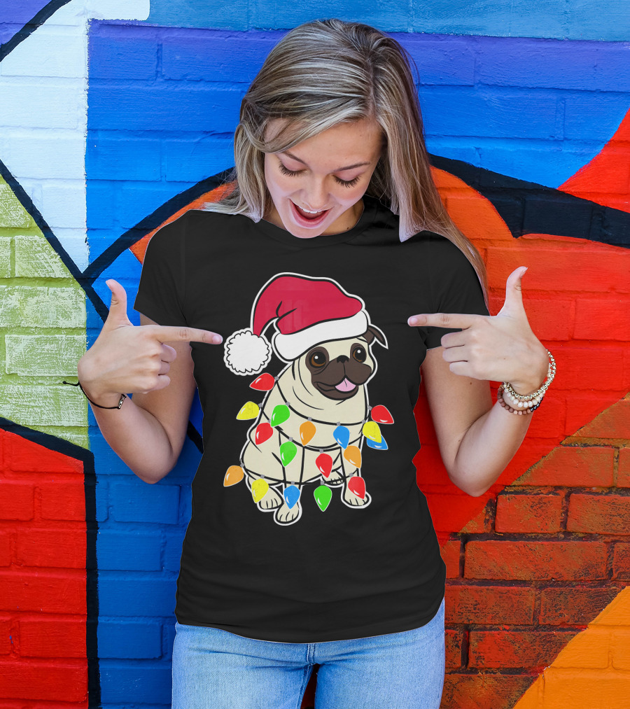 Christmas Pug Santa Pug With Festive Lights And Santa Hat T-Shirt