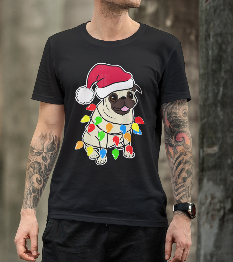Christmas Pug Santa Pug With Festive Lights And Santa Hat T-Shirt