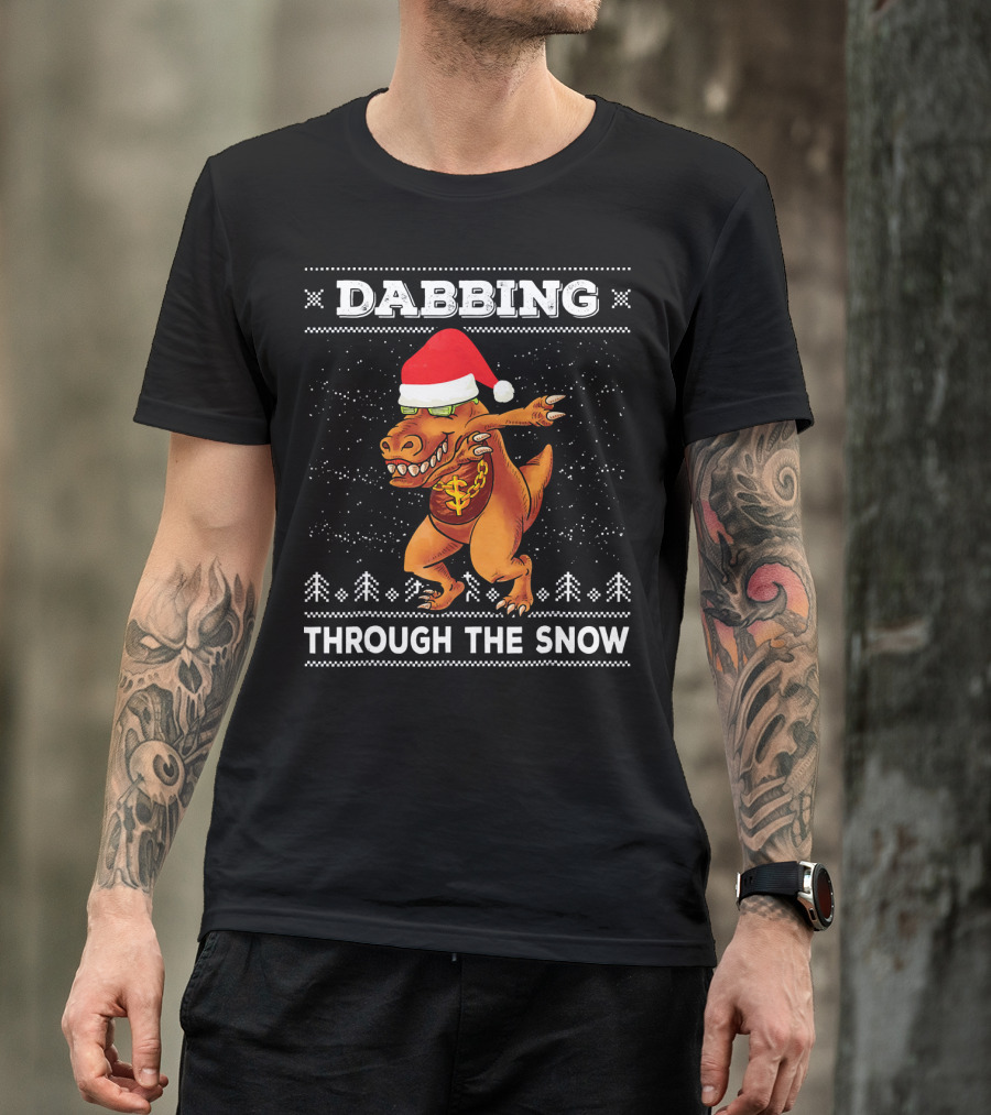 Dabbing T-Rex Through The Snow Santa Hat Ugly T-Shirt