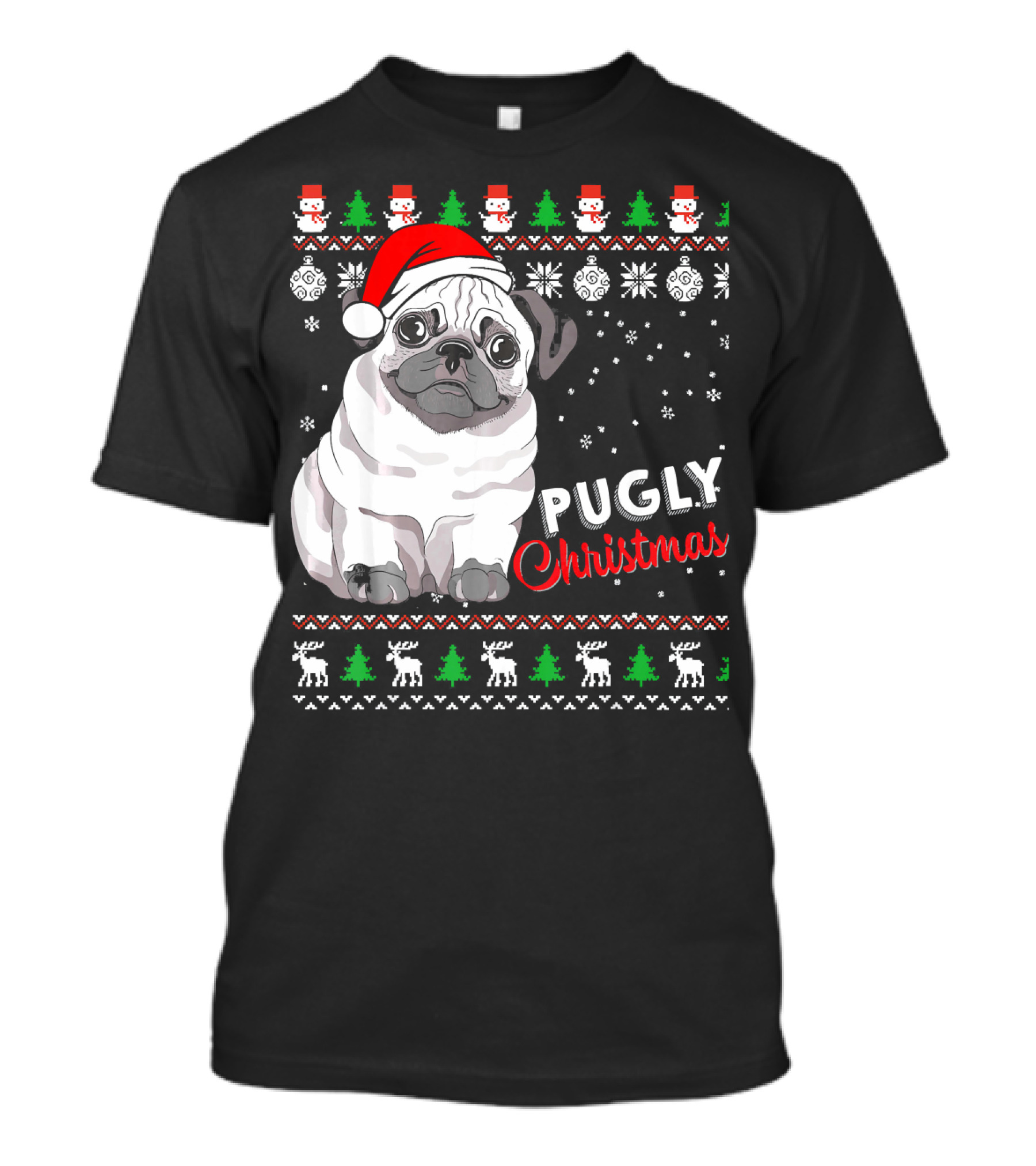 Pugly Christmas Santa Hat Snowflakes Ugly T-Shirt