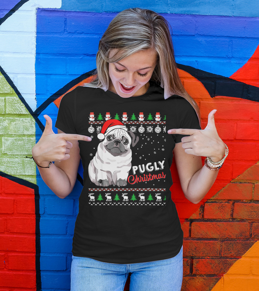 Pugly Christmas Santa Hat Snowflakes Ugly T-Shirt
