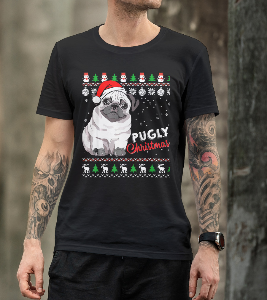Pugly Christmas Santa Hat Snowflakes Ugly T-Shirt