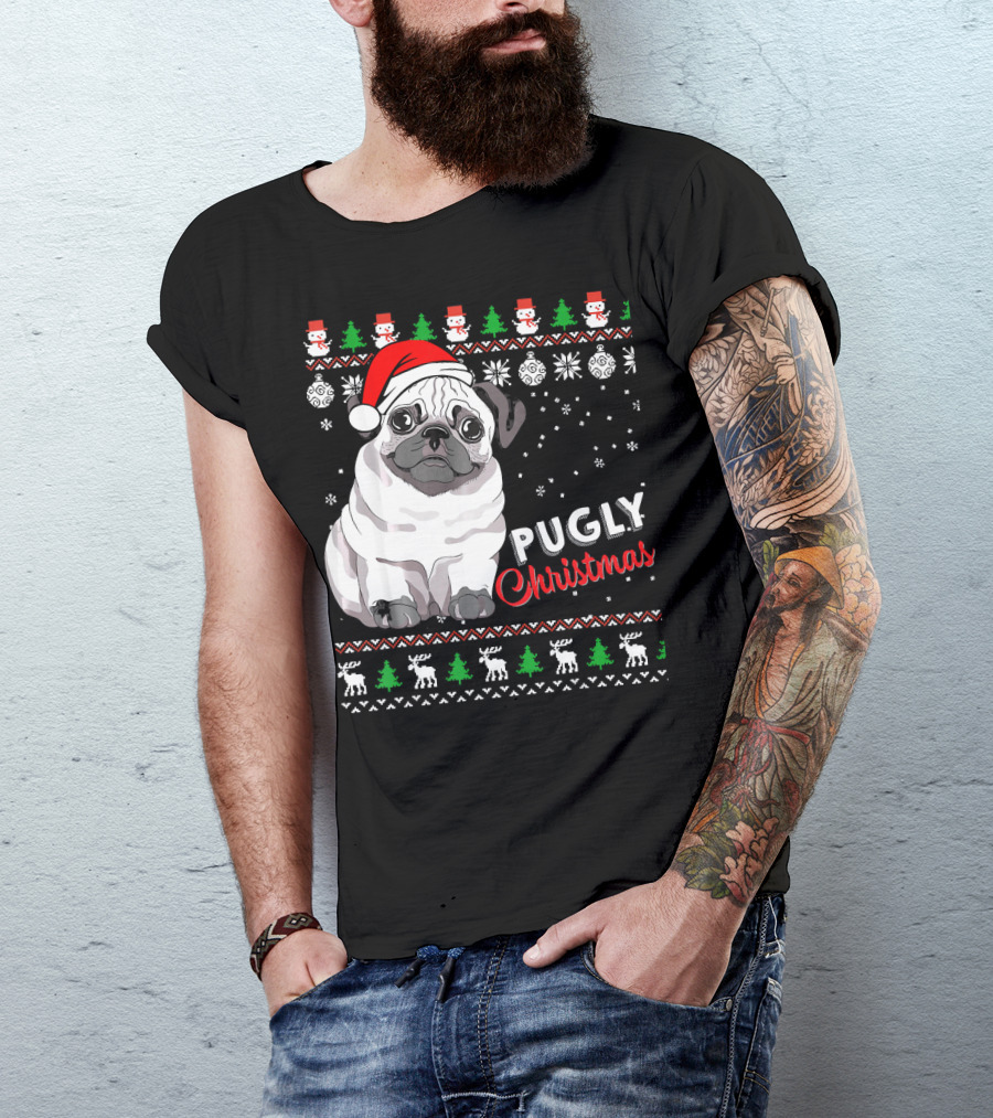 Pugly Christmas Santa Hat Snowflakes Ugly T-Shirt