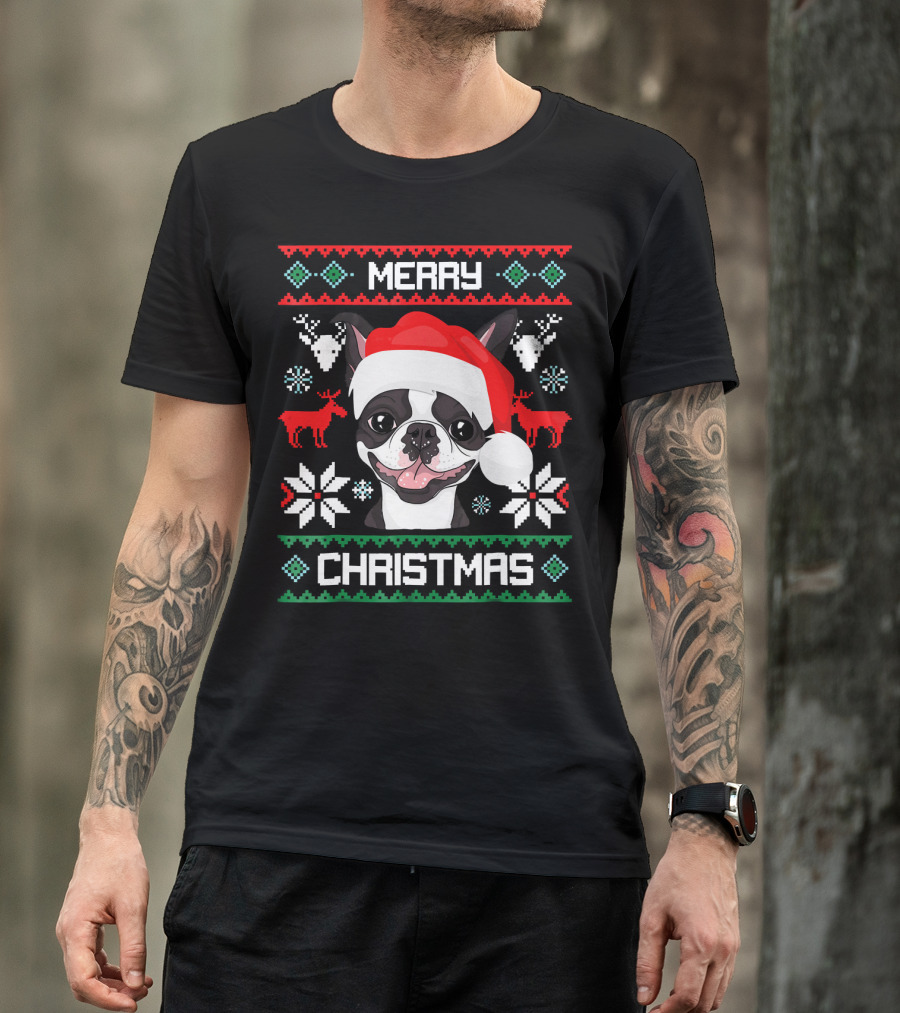 Merry Christmas Boston Terrier Santa Hat Ugly Sweater Holiday T-Shirt