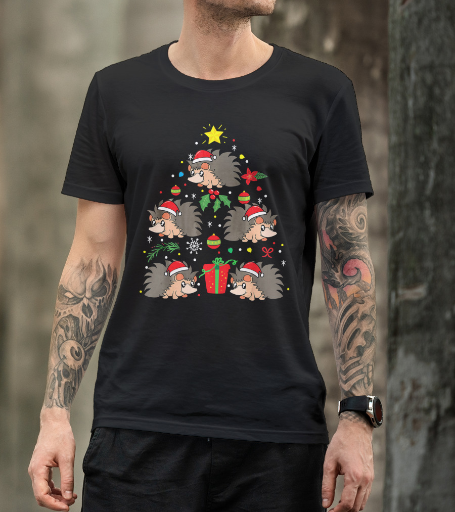 Santa Hat Hedgehog Christmas Tree With Ornaments And Gift T-Shirt