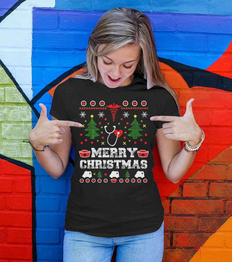 MERRY CHRISTMAS Nurse Ugly Stethoscope And Medical Symbols T-Shirt