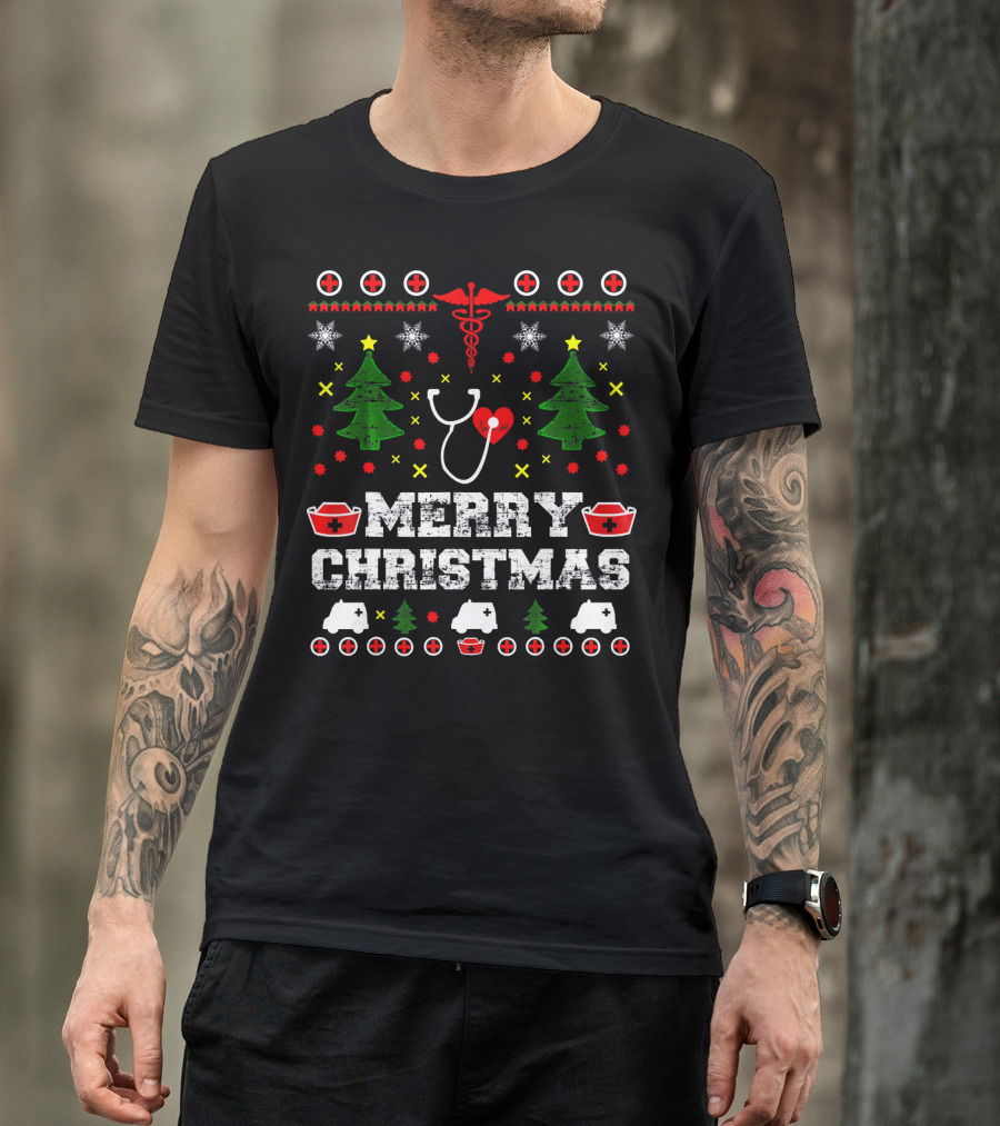 MERRY CHRISTMAS Nurse Ugly Stethoscope And Medical Symbols T-Shirt