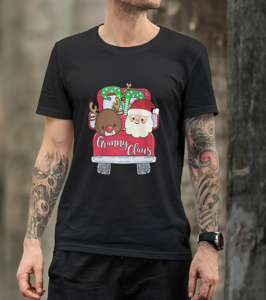 Granny Claus Santa And Reindeer In Christmas Car With Gifts T-Shirt