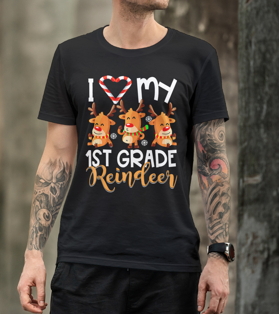 I Love My 1st Grade Reindeer With Candy Cane Heart T-Shirt