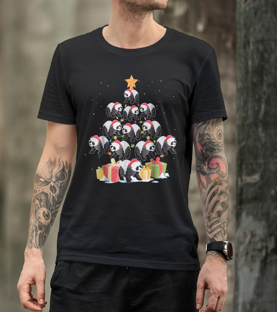 Funny Panda Christmas Tree Presents Star T-Shirt
