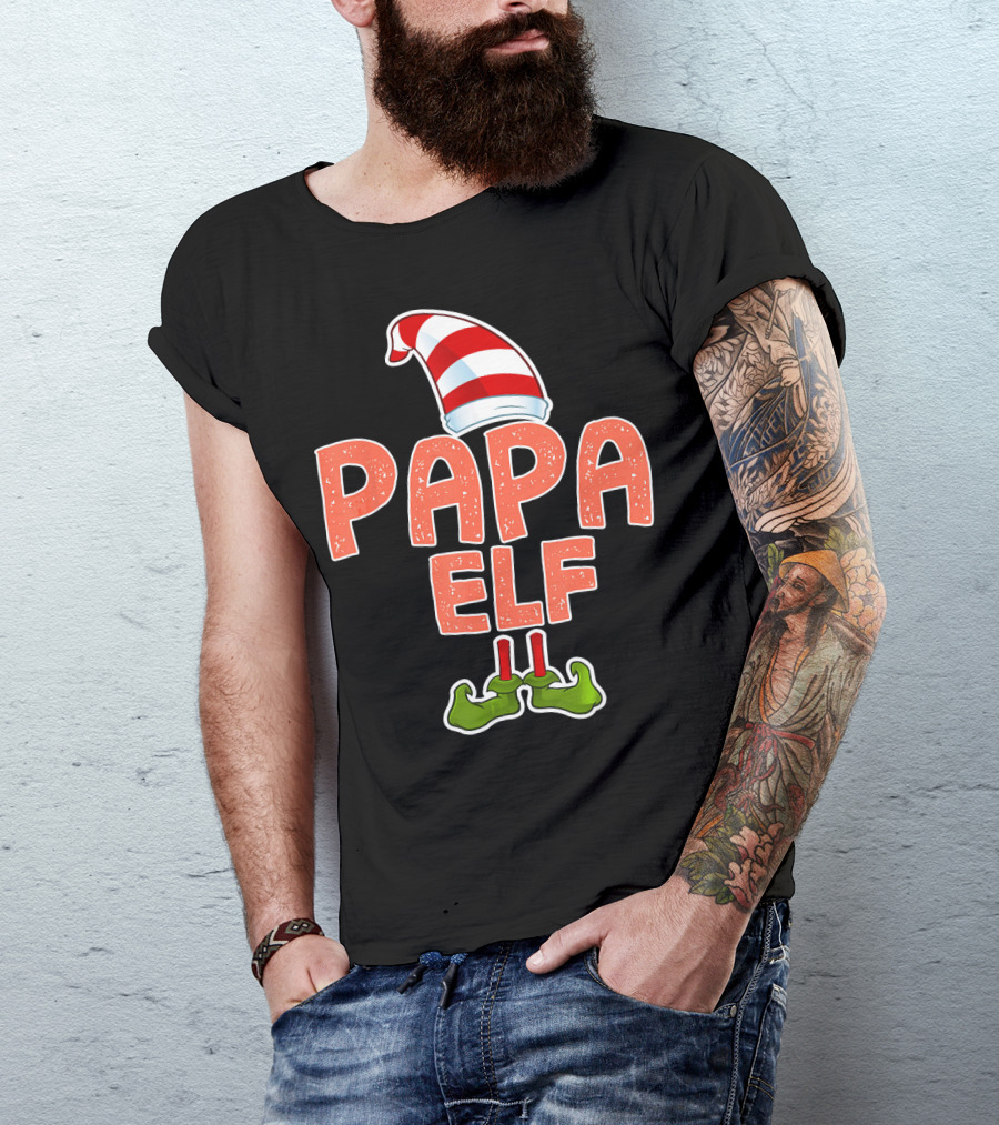 Papa Elf Funny Merry Christmas Striped Hat And Green Shoes T-Shirt