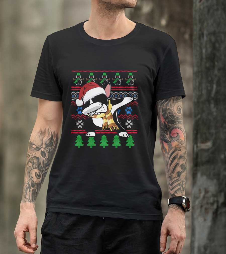 Boston Terrier Dabbing Santa Hat UglyStyl Christmas Sweater Snowmen Trees T-Shirt
