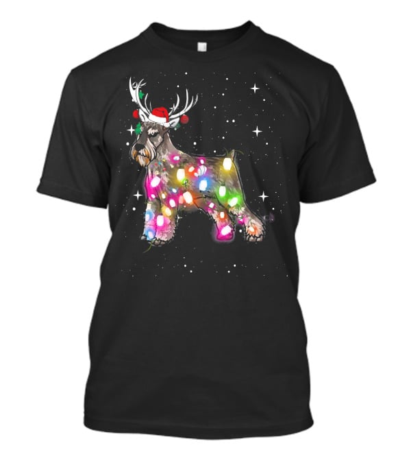 Festive Christmas Lights Standard Schnauzer With Santa Hat And Reindeer Antlers T-Shirt