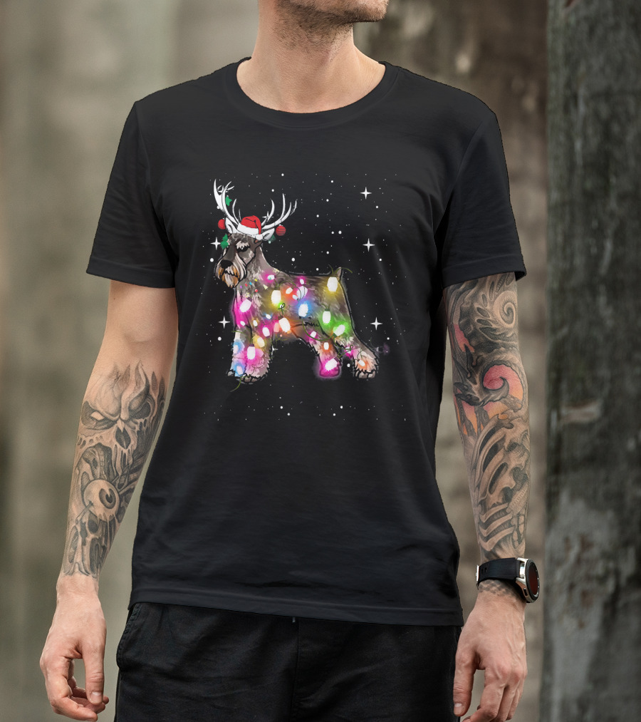 Festive Christmas Lights Standard Schnauzer With Santa Hat And Reindeer Antlers T-Shirt