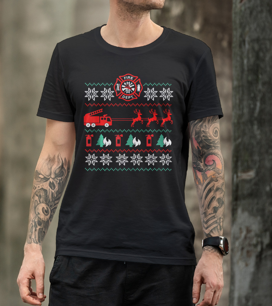 Fire Department Holiday Sweater Firetruck And Reindeer T-Shirt