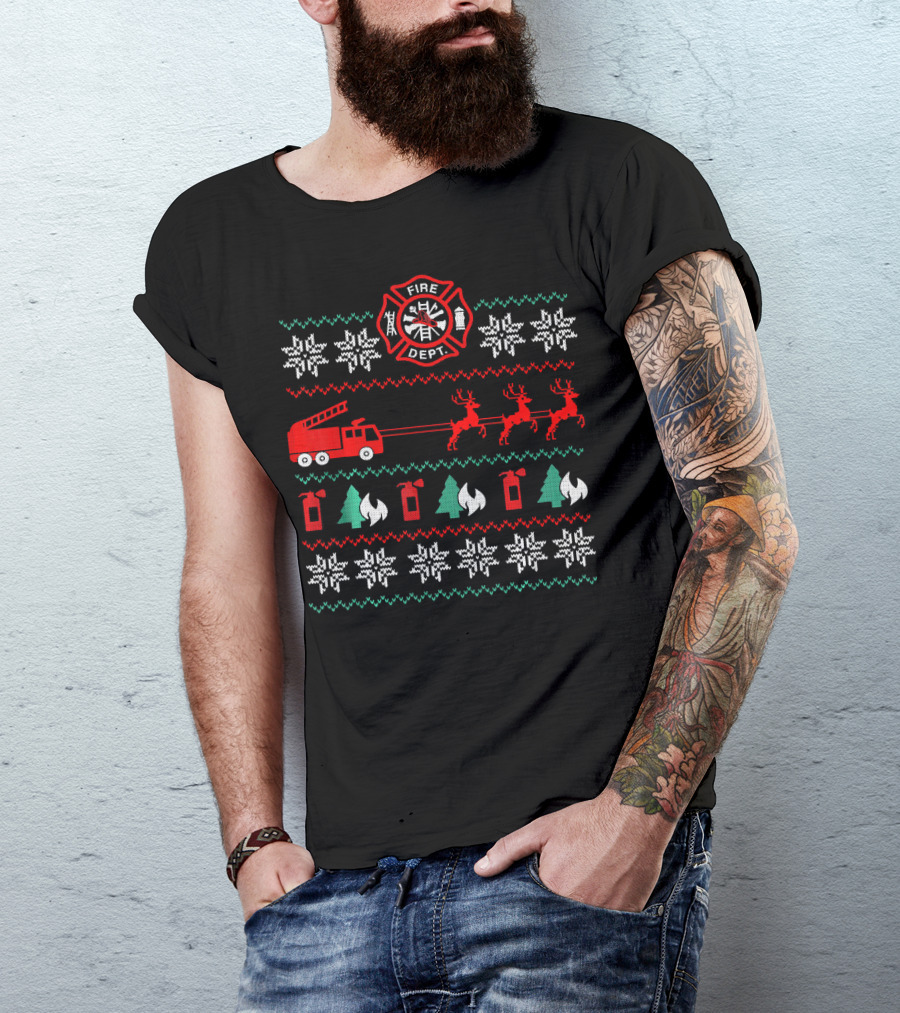 Fire Department Holiday Sweater Firetruck And Reindeer T-Shirt
